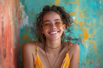 Fototapeta premium カラフルなカラー背景で微笑む女性