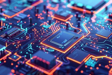 Fototapeta premium A close-up of a futuristic electronic circuit board, featuring intricate branches and components, illuminated with a blue glow, representing advanced technology and innovation