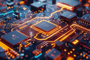 Obraz premium A close-up of a futuristic electronic circuit board, featuring intricate branches and components, illuminated with a blue glow, representing advanced technology and innovation