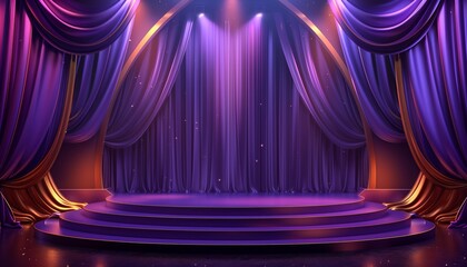 Elegant purple and gold stage with curtains and spotlights