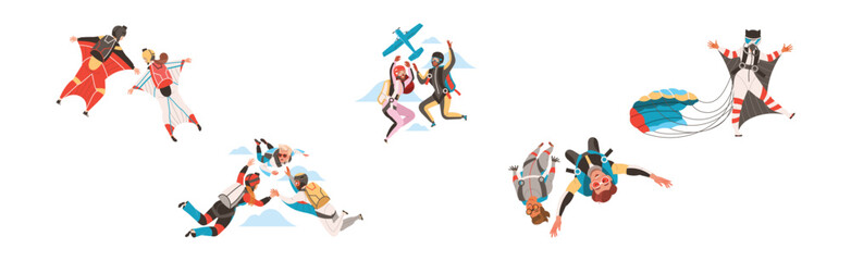People Character Skydiving Falling Down with Parachute and in Wingsuit Vector Set