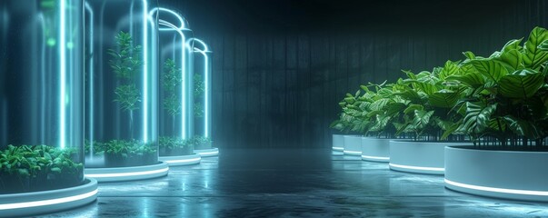 Obraz premium Neon lights illuminate a futuristic indoor garden with lush greenery.