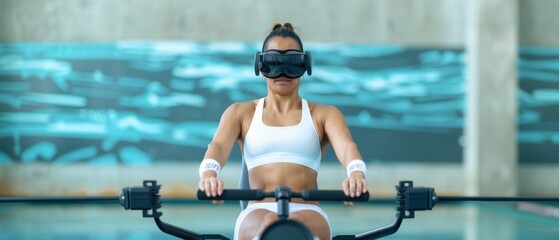 Woman using VR headset while working out on rowing machine in modern gym. Virtual reality fitness innovation.