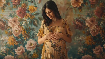 A pregnant woman posing in front of a colorful floral wall, perfect for baby shower or maternity announcements