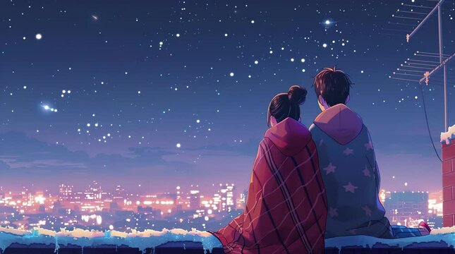 Romantic couple sitting on a rooftop, gazing at a fantasy cityscape illuminated by night lights
  Seamless looping 4k time-lapse virtual video animation Generated AI