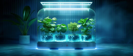 Fototapeta premium Plants growing in a futuristic glass dome under blue light.