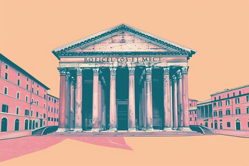 Fototapeta premium Risograph riso print travel poster, card, wallpaper or banner illustration, modern, isolated, clear and simple of Pantheon, Rome, Italy. Texture, backdrop, screen printing, stencil