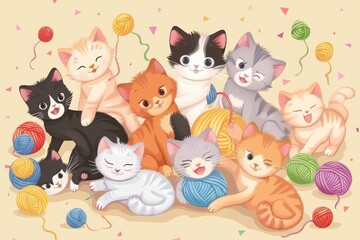 Naklejka premium Playful Kittens Surrounded by Yarn Balls