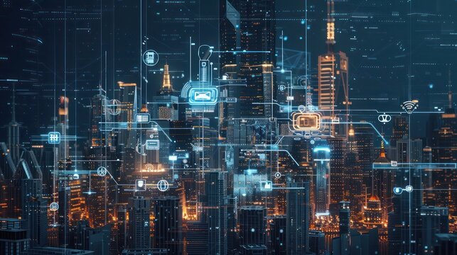 High-tech cityscape merged with holographic data streams and IoT symbols, illustrating the fusion of city living and digital business processes.