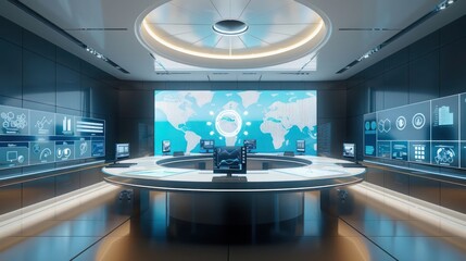 High-tech control center with augmented reality interfaces managing business processes and digital transformation.