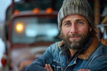  Young male truck driver standing in front of his truck, arms crossed, smiling at the camera, bearded man, wearing a hat 