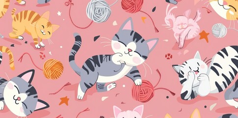 Playful Cats with Yarn Balls on Pink Background