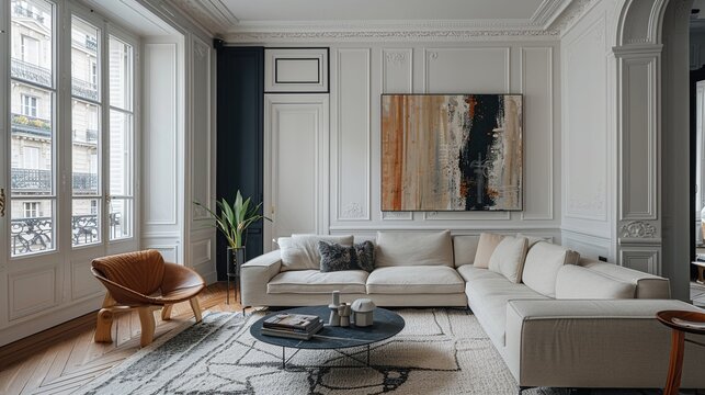 Modern Living Room with a Sectional Sofa and a View of Paris