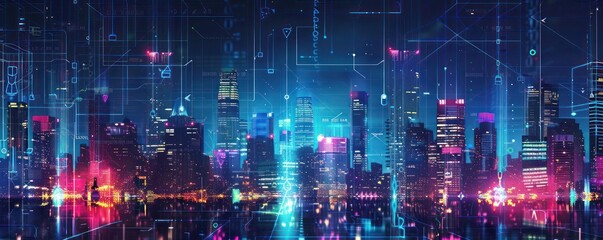 High-tech urban skyline blended with holographic data streams, illustrating the integration of city life and digital business processes.