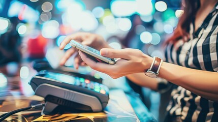 Close-up of a hand using a mobile phone to make a contactless payment at a retail checkout terminal.