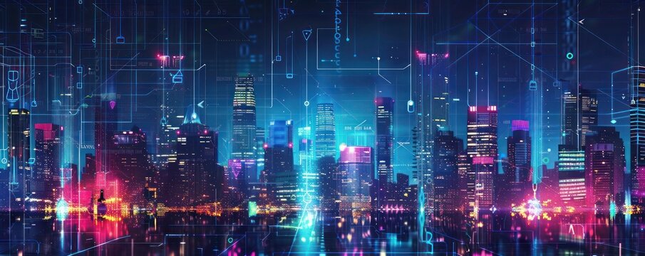 High-tech urban skyline blended with holographic data streams, illustrating the integration of city life and digital business processes.