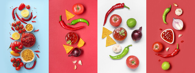 Set of tasty salsa sauce with nachos on color background