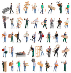 Set of male loaders carrying different furniture against white background