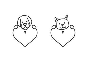 Simple And Minimalistic Illustration Of A Cat And A Dog Within Heart Shapes, Love For Animals Vector Outline Signs