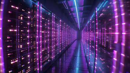 Fototapeta premium A modern data center with rows of servers and glowing LED lights