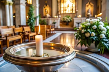 white candle on baptismal font bath