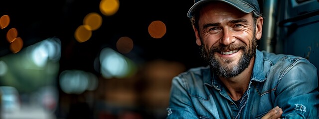Obraz premium Young male truck driver standing in front of his truck, arms crossed, smiling at the camera, bearded man, wearing a hat 