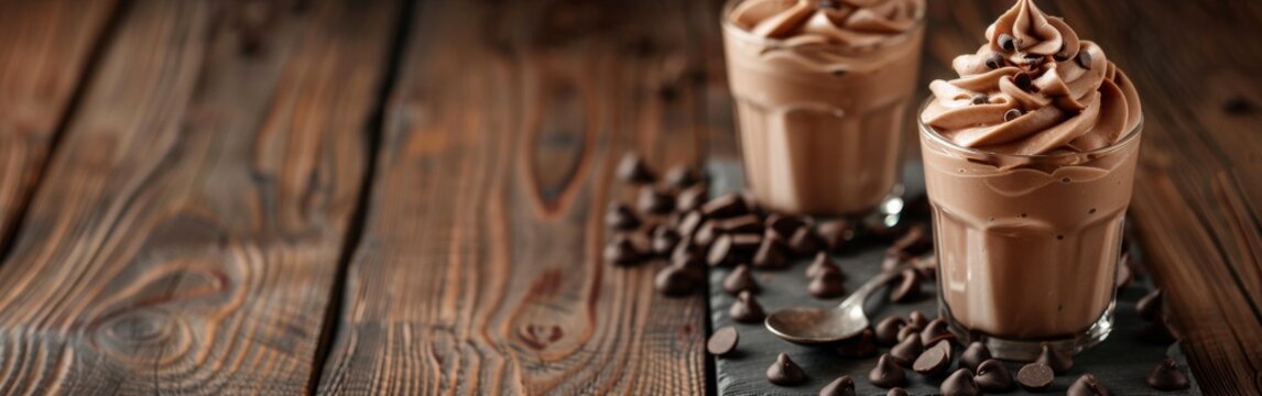 Two glasses filled with creamy chocolate milkshake placed on a rustic wooden table