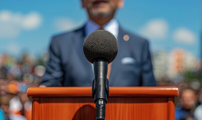 Close-up of a microphone on a podium with a blurred man in the background. AI.