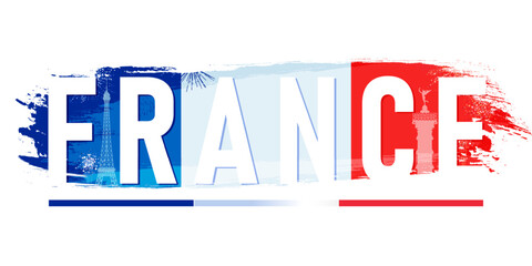 France, lettering design for t-shirt. Vector typography with national flag, Eiffel tower and Place Chatelet monument for National Day holiday or travel concept