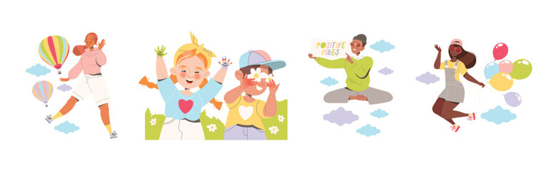 Happy People Characters Sharing Positive Vibes Smiling and Cheering Expressing Good Emotion Vector Set