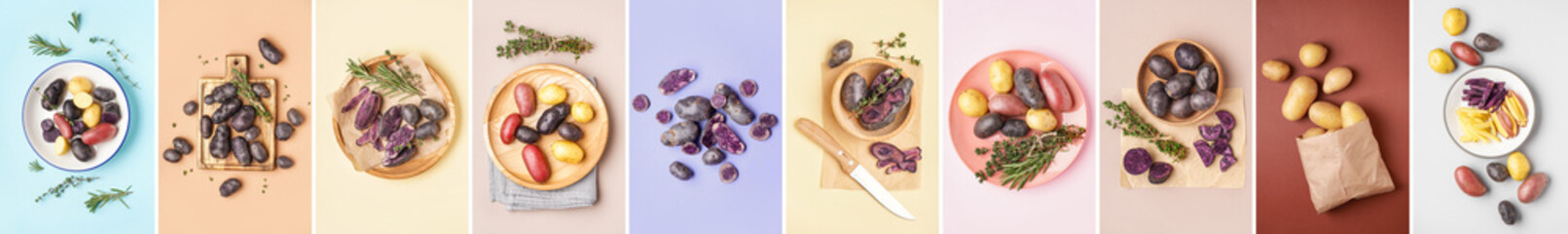 Set of different sorts of potatoes on color background, top view