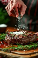 Closeup of hands seasoning a steak with salt, enhancing its flavor