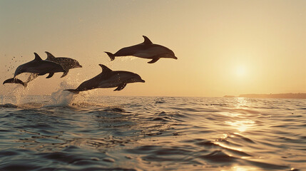 Fototapeta premium A pod of dolphins silhouetted against a clear sky at dusk, captured mid-leap