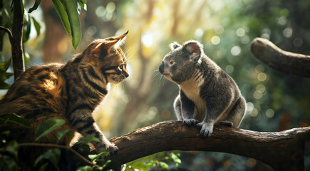 枝の上でけん制しあう日本猫とコアラ。