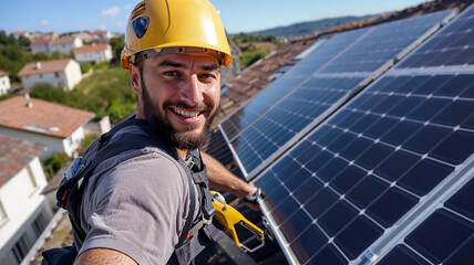 un ouvrier installe des panneaux solaire sur le toit d'une maison