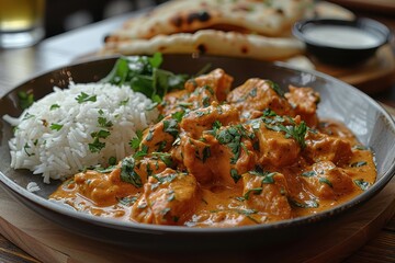 A plate of chicken tikka masala, with succulent pieces of chicken in a creamy tomato sauce, served with basmati rice and naan bread.
