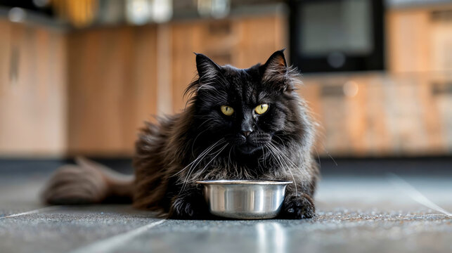 un chat noir &agrave; poils long attend &agrave; manger devant sa gamelle vide sur le sol de la cuisine