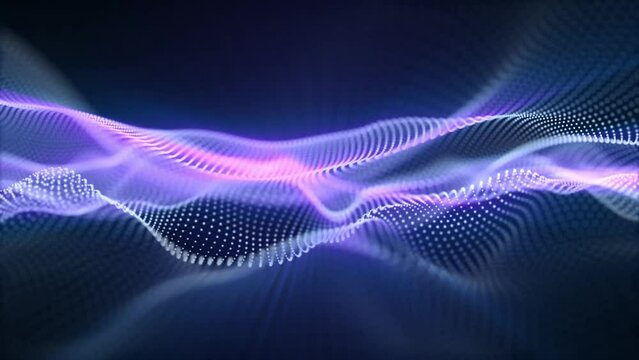 Looped abstract particle flow background with elegant waves, bright blue and pink purple glow effect. Digital waveform screensaver with futuristic neon lines and soft shine. Seamless vj loop 4K 60fps