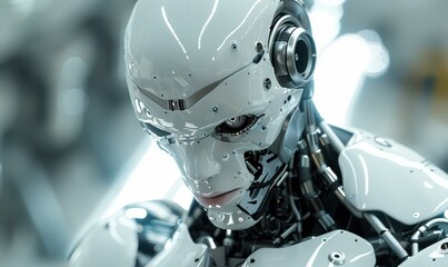 Fototapeta premium A close-up of a white robot head with a black visor. AI.