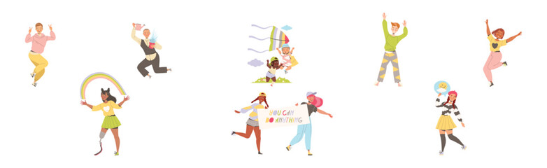 Happy People Characters Sharing Positive Vibes Smiling and Cheering Expressing Good Emotion Vector Set