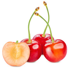 Red Cherry fruit on white background, Japanese Red highest variety of cherries isolate on white...