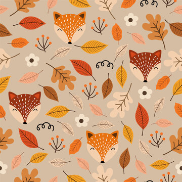 Fototapeta Seamless pattern with cute foxes, autumn leaves, acorns and oak leaves, Scandinavian style. Baby texture for fabric, nursery decoration, textiles, apparel. Vector illustration