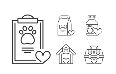 Set Of Minimalist Outline Icons Depicting Love For Animals And Pet Care. Includes Images Of A Clipboard With Paw Print