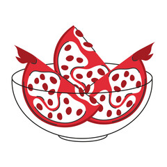 Pomegranate quarter pieces in simple doodle hand drawn style lying on a linear bowl
