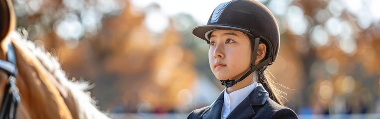 A woman dressed in a suit and helmet standing alongside a horse
