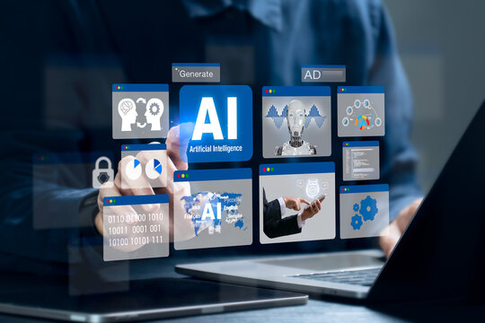 Businessman using AI, Artificial Intelligence with laptop. AI assistant. Chatbot, Generate images, Write code, Writer bot, Data technology, Translate and Advertising. LLM.