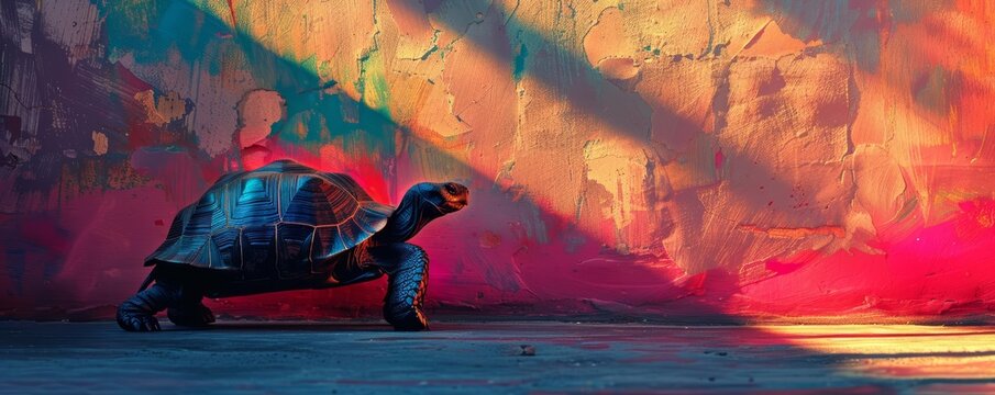 A tortoise walks on a vibrant, abstract background.