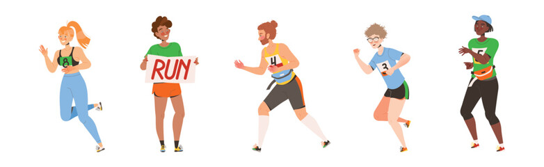 People Character Participating in Marathon Running in Sportswear with Numbers Vector Illustration Set