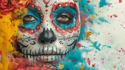 Spectral Day of the Dead - Watercolor Portrait with ethereal colors on dark backdrop