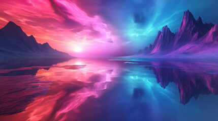 Fototapeta premium Abstract wallpaper showcasing a fantastical neon landscape with reflections, perfect as a vibrant futuristic background